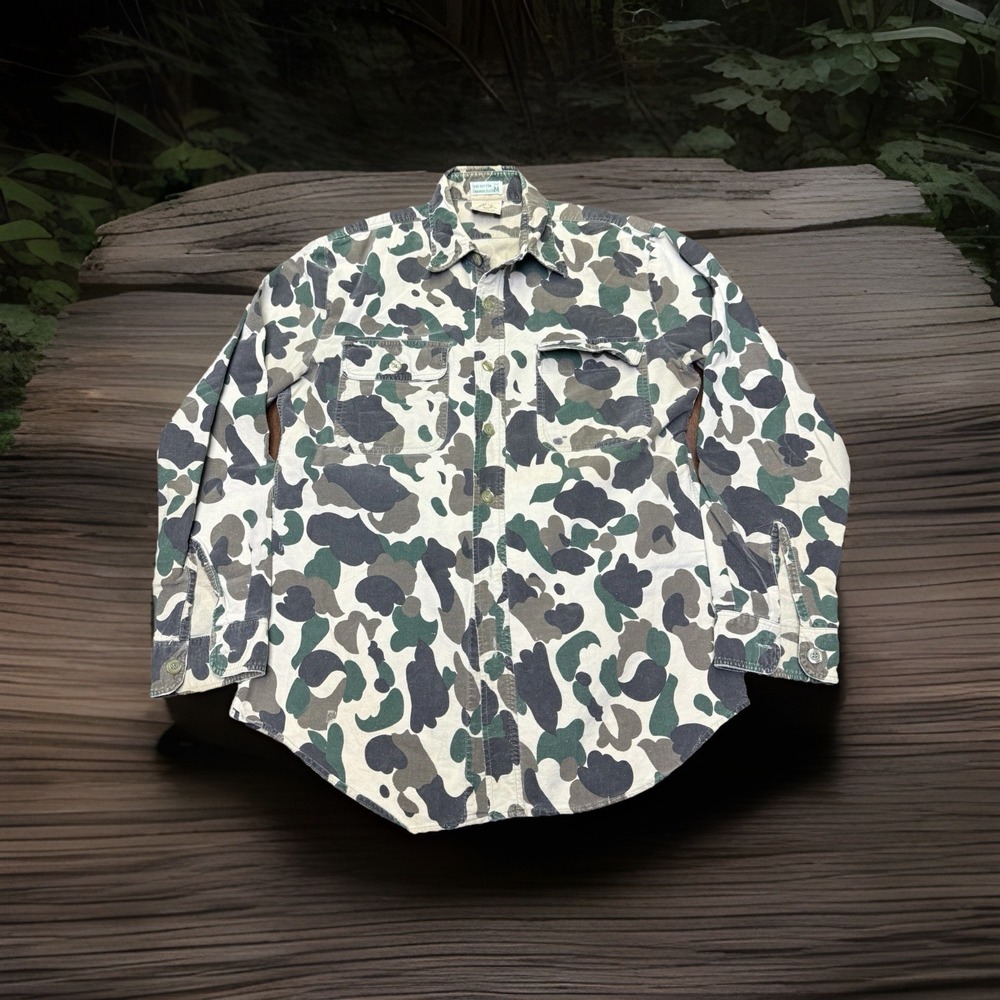 Vtg M Trophy Club Hilton Field Duck Camo Field Hunting Shirt Distressed Chamois‎